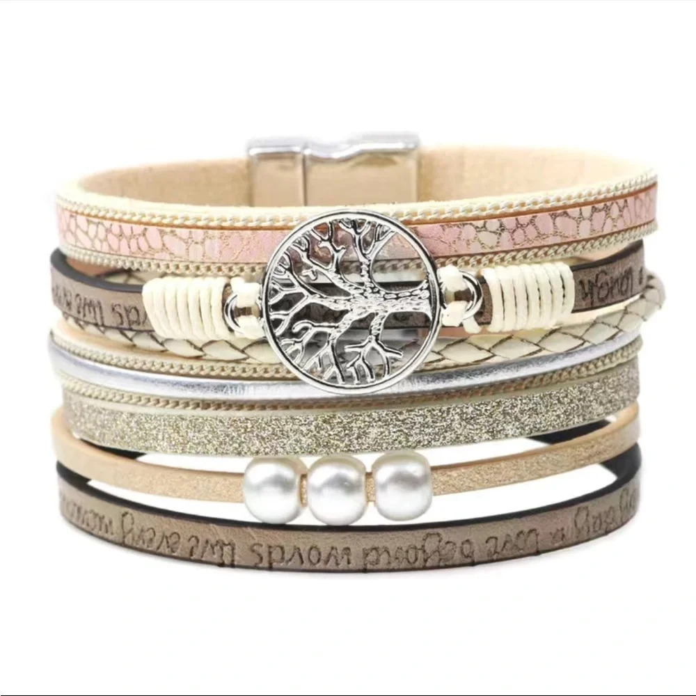Hollow Tree Of Life Letters Pearl Women's Leather Bracelet